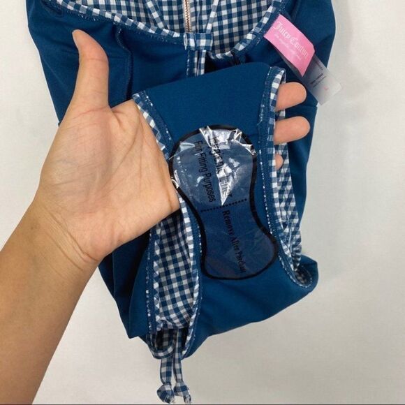 Juicy Couture WMNS L Blue Gingham One Piece Zip Up Swimsuit Open Back Classic - Picture 10 of 11